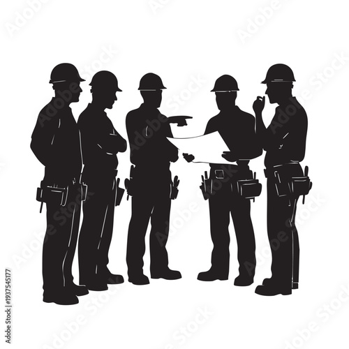 Construction workers discussing plan on site.