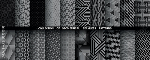 Geometric set of seamless black and gray patterns. Simple vector graphics