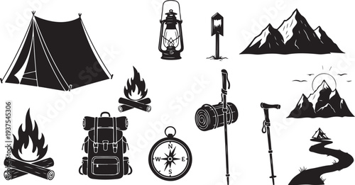Camping and hiking icons for adventure and outdoor activities