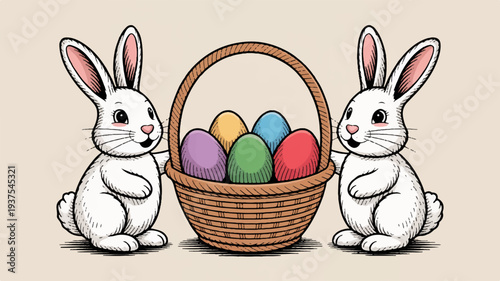 Two white easter bunnies with colorful eggs in a wicker basket on beige background hand drawn vector illustration for spring holiday decoration and greeting card design