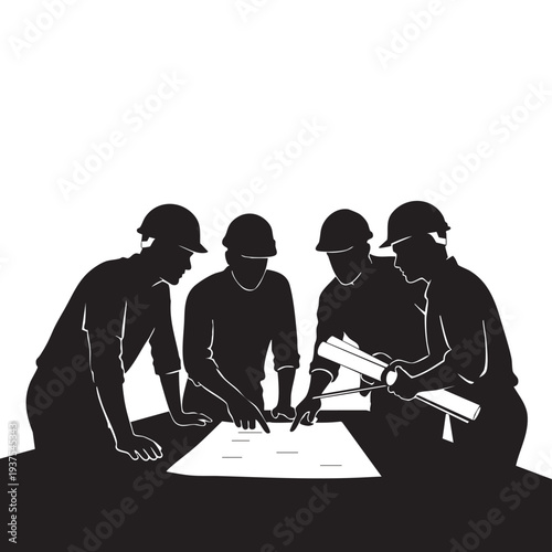 Construction team planning project on blueprint.