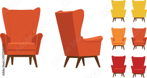 Modern orange wingback armchair vector illustration collection with front and side views plus multiple color variations for interior home decor design and furniture mockups.
