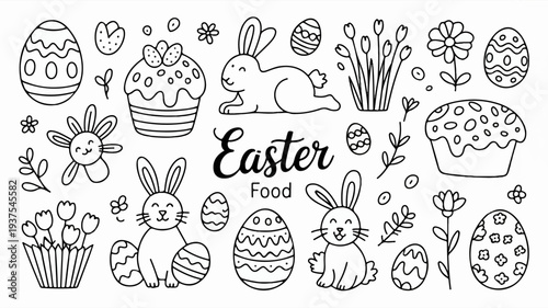 Hand drawn easter food doodle vector set with bunnies eggs cakes and flowers for holiday decoration