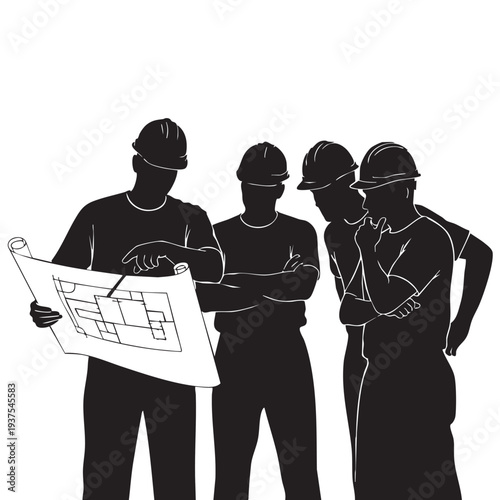 engineers discussing blueprint architects meeting construction team.