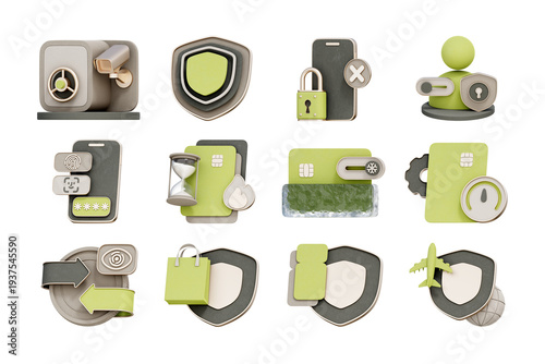 3D icon set of advanced financial security and asset protection including CCTV bank vault monitoring, encrypted credit card freezing, biometric identity authentication, and secure travel insurance
