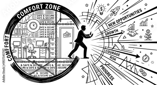 Businessman forcefully breaking through barrier of comfort zone into new opportunities achieving substantial progress through courage, growth, and risk taking