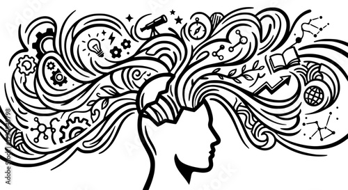 Human head bursting with abstract creative ideas, symbolizing complex thinking, problem-solving, innovation, knowledge, and intellectual growth. This vector illustration represents education, science,