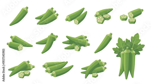 Fresh green ladyfinger vector illustration set with whole pods, sliced pieces showing seeds, and leafy plant. Healthy raw vegetarian food and organic agriculture harvest clip art.