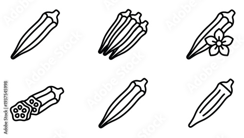 Minimalist ladyfinger vector line art collection showing whole pods, sliced cross section, blooming flower, and bunches. Healthy organic farm vegetable outline icon set isolated.