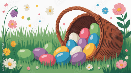 Whimsical easter basket overflowing with colorful eggs on lush green grass surrounded by vibrant flowers