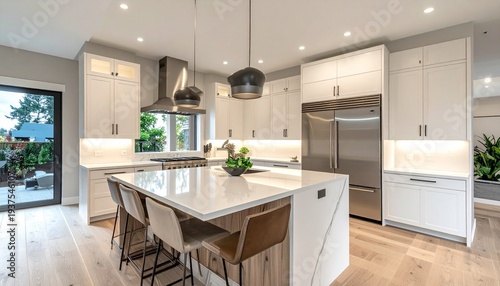 Bright and Modern Kitchen with Island and Stainless Steel Appliances.