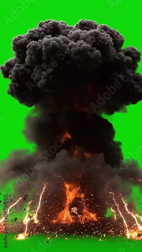 A massive explosion occurs with a giant black cloud and flames on a green screen background with lightning.