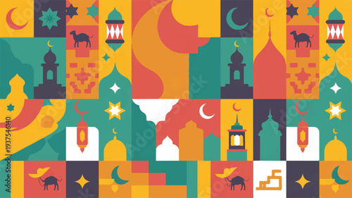 Vibrant islamic celebration seamless vector pattern with colorful mosque icons lanterns crescent moons and stars on a dynamic background perfect for ramadan and eid al fitr designs