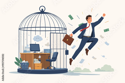 Businessman Jumping Out of a Giant Birdcage Office to Start a New Business, Concept of Career Freedom, Resignation from Toxic Workplace, Quitting Exhausted Day Job for Entrepreneurial Success