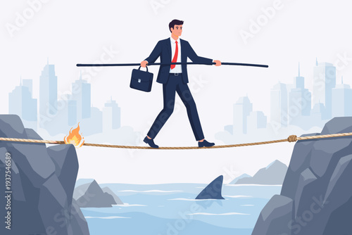Businessman balancing on a tightrope over sharks and fire, symbolizing high-risk investment, career challenges, crisis management, and overcoming difficult obstacles to achieve business success.