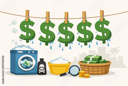 Money Laundering and Financial Crime Concept with Dollar Signs Hanging on Clothesline, Washing Machine Cleaning Dirty Cash, Illegal Profit, Tax Evasion, and Corruption Vector Illustration Design