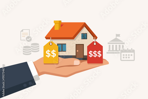 Property Tax and Real Estate Housing Payment Concept with Businessman Hand Holding a House with Price Tags, Government Building, Coins, and Calendar Icons for Financial Planning and Mortgage.