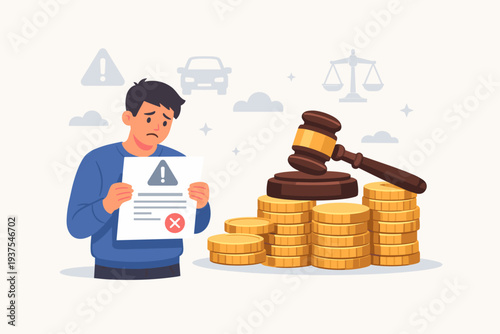 Man Holding Penalty Notice or Fine Bill with Judge Gavel and Stacks of Gold Coins, Legal Punishment for Traffic Violation, Lawsuit Expense, Financial Debt, Justice and Court Judgment Illustration