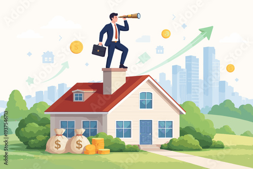 Businessman on house roof looking through telescope for real estate investment opportunities, property market growth forecast, financial vision for future housing, mortgage and wealth building.