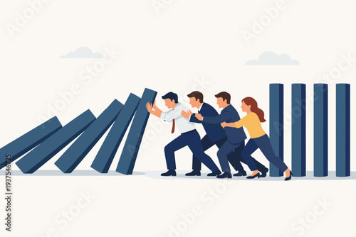 Business team working together to stop falling dominoes, representing crisis management, problem solving, and collective effort to prevent failure and ensure success in corporate strategy.