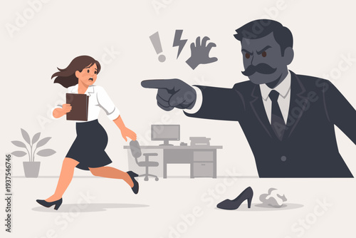 Workplace Sexual Harassment and Abuse of Power Concept with Scared Female Employee Running Away from Menacing Boss in Office, Gender Discrimination, Inequality, and Toxic Work Environment Vector