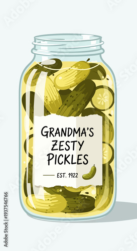 Grandma's Zesty Pickles Jar Vintage Illustration