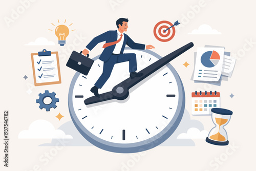 Businessman Running on Clock Hands for Effective Time Management, Productivity, and Work Efficiency Concept. Professional Multitasking, Goal Setting, and Deadline Achievement Vector Illustration