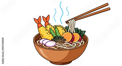 Japanese Udon Noodle Soup with Tempura and Vegetables