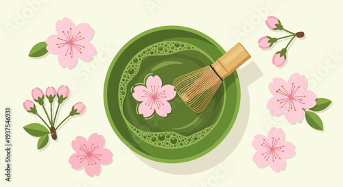 Matcha tea and cherry blossoms