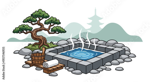 Japanese Hot Spring Onsen with Zen Garden Elements