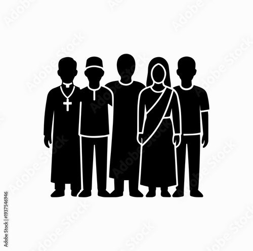 People of Different Religions Standing Together Silhouette Vector