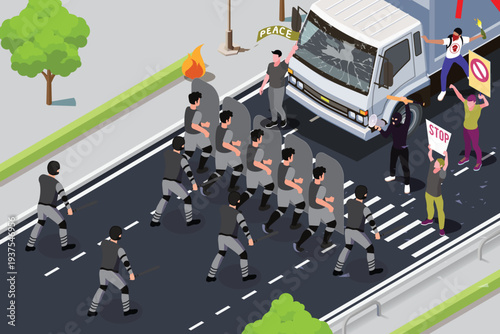 Modern isometric background of violent protest of youth holding sticks and molotov cocktails fighting with police vector illustration