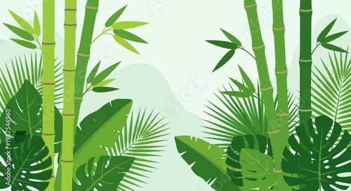 Lush Bamboo Forest with Tropical Leaves