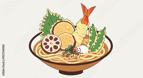 Japanese Udon Noodles with Tempura and Vegetables
