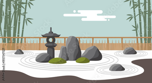 Zen Garden with Bamboo and Stone Lantern