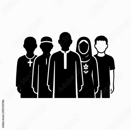 People of Different Religions Standing Together Silhouette Vector