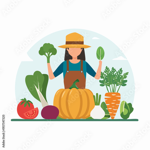 Woman harvesting fresh vegetables and fruits in a garden with various produce around her