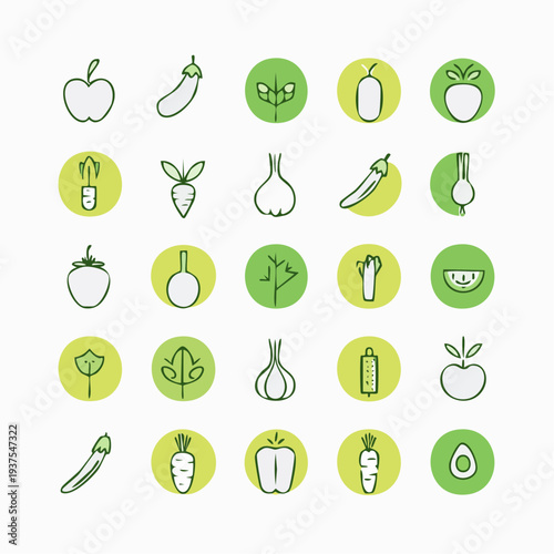Collection of various vegetables and fruits illustrated in green icons on a simple background