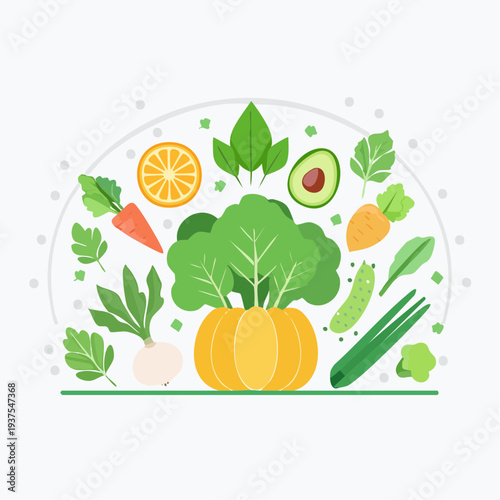 Assorted vegetables and fruits illustration featuring broccoli, pumpkin, avocado, carrot, and leafy greens in a healthy eating arrangement