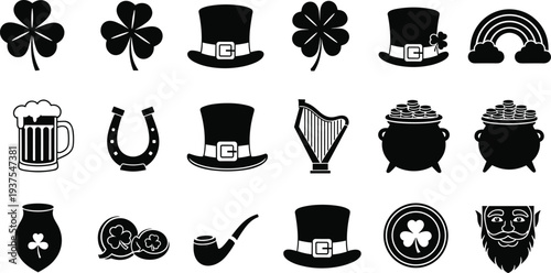 St. Patrick's Day icons, Irish shamrock, leprechaun hat, gold pot, horseshoe, harp, rainbow, beer, lucky clover, holiday vector silhouette elements.