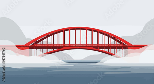 Red Arch Bridge Over Water and Clouds