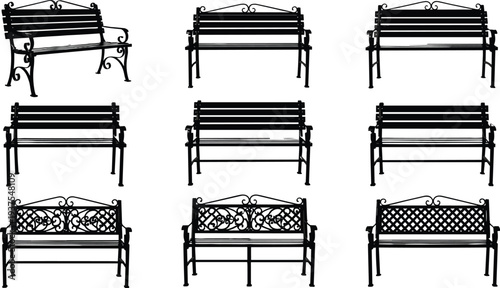 Collection of vintage wrought iron park benches in different styles, black silhouette vector set isolated on white background for outdoor furniture design