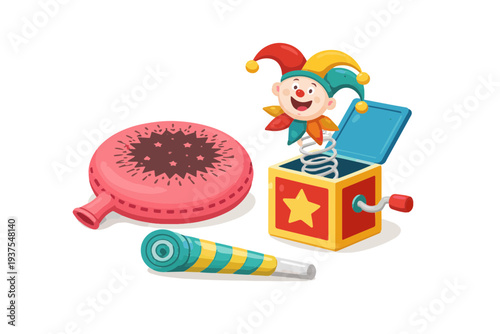 April Fools Prank Objects Scene – Whoopee Cushion Jack in the Box Flat Vector