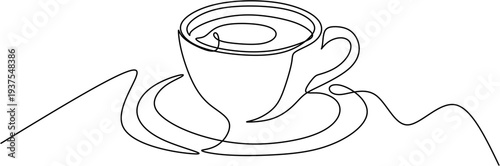 Continuous one line drawing of a coffee cup on a saucer, minimalist cafe concept vector illustration
