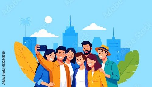 Diverse Group Taking Selfie with Cityscape Background