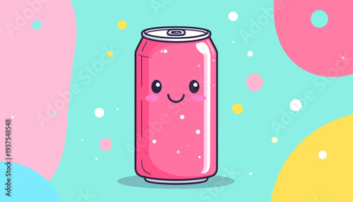 Cute Cartoon Pink Soda Can with Kawaii Face
