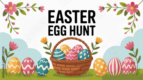 Easter egg hunt poster with colorful eggs in basket and floral border on white background