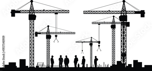 Tower crane silhouettes with construction workers at building site, urban development and industrial engineering concept vector illustration isolated on white backgroundTower crane silhouettes with 