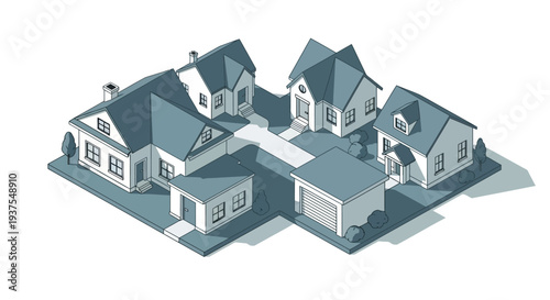 An isometric illustration of a cluster of suburban houses and garages arranged around a central courtyard.