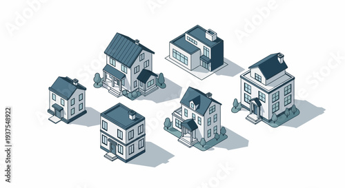 A collection of seven isometric houses, each rendered in a simple, two-tone blue and white color scheme, set against a plain white background.